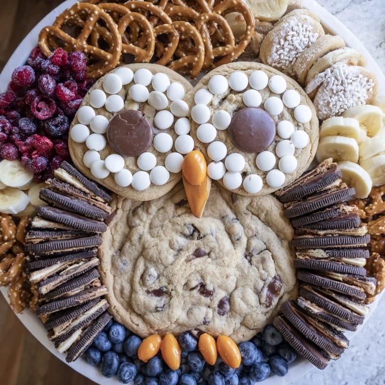 This Owl Hooting Dessert Board presents creative sweets, from cookies to fruit arranged playfully.