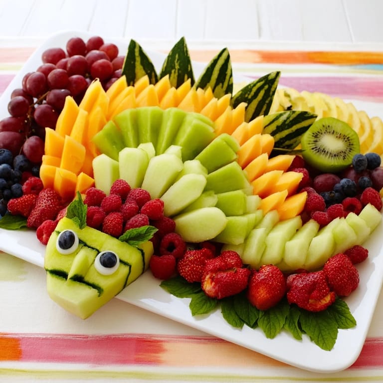 Fresh, sweet dragon-shaped fruit tray details show off bright cantaloupe scales and blueberry eyes, ready to eat.