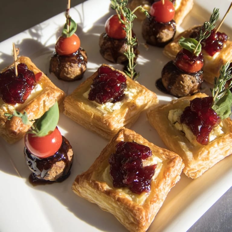 A party-ready Joy to the World Festive Appetizer Trio presenting colorful skewers, mini meatballs, and flaky pastries to enjoy!