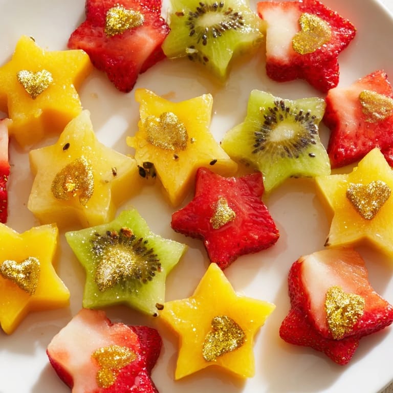 Fresh strawberry and kiwi Midnight Kiss Star & Heart Cocktail Garnishes adorn a sparkling drink, elegant presentation.