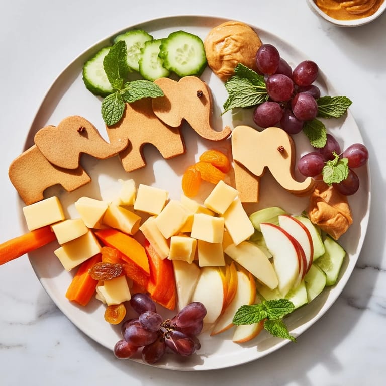 Vibrant Elephant Cracker Board offers a delicious arrangement of crackers, apricot, and brie—a fun appetizer.