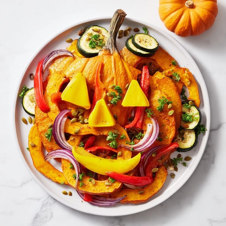Vibrant arrangement of roasted vegetables forming a Pumpkin Lantern Halloween Plate on a festive platter.