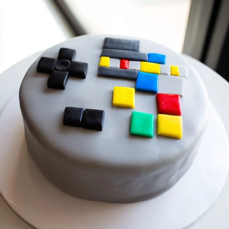 This fun and colorful, fondant-covered pixel video game controller cake is a delicious dessert.