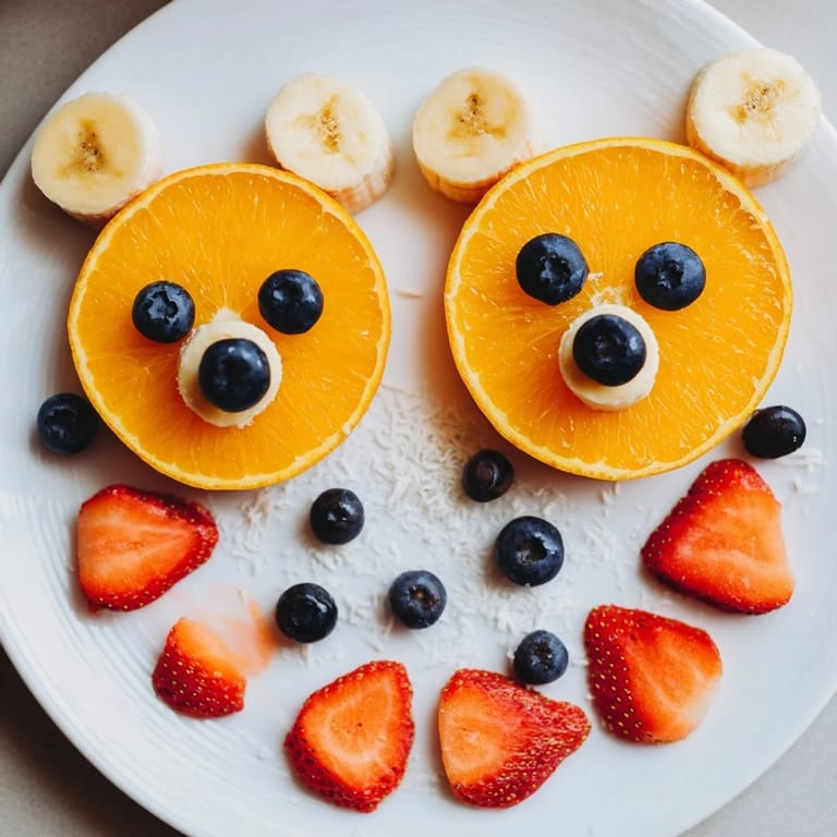 Vibrant Orange Slice Bear Face Fruit Board, a whimsical and fruity breakfast or party treat on a platter.