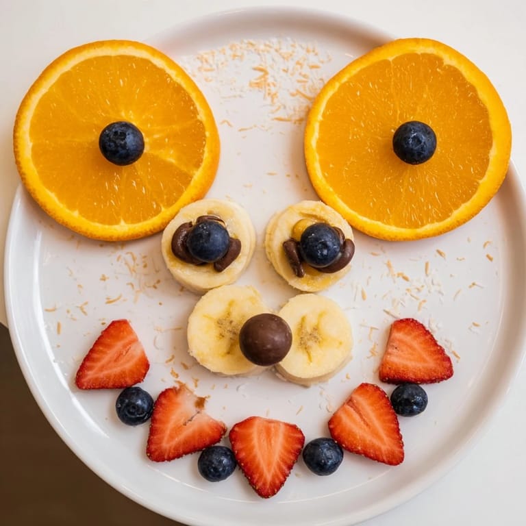 Fresh and colorful Orange Slice Bear Face Fruit Board ready, a fun kid-friendly snack with strawberries.