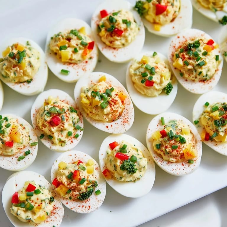 Perfectly chilled Christmas Tree Deviled Eggs, creamy filling topped with colorful bell pepper "ornaments".