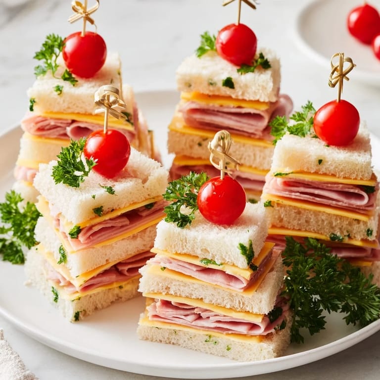 Stack of colorful Mini Sandwiches, Christmas Tree style, showing off the delicious ham and cheese filling.