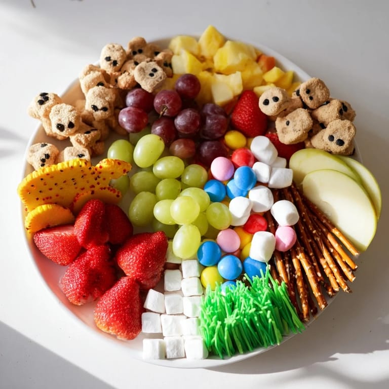 This whimsical Animal Cracker Safari Board has animal crackers, assorted fresh fruits, and delicious dips for fun eating.