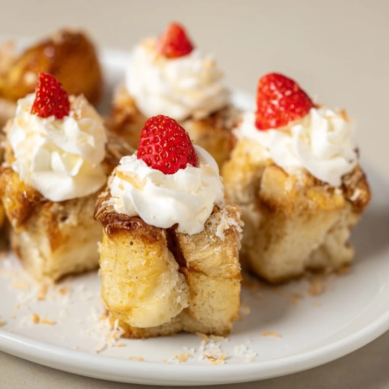 Warm, cinnamon-kissed Santa Hat Bread Pudding Bites with creamy whipped topping and festive strawberries.