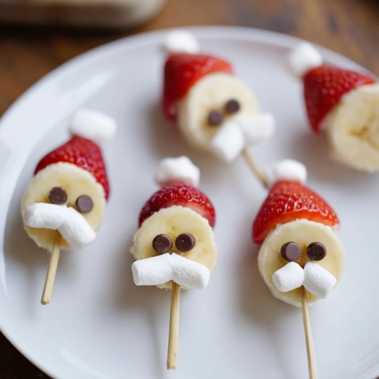 These beautifully assembled Banana Strawberry Santa Skewers combine fresh fruit with white chocolate, promising a tasty and charming snack.