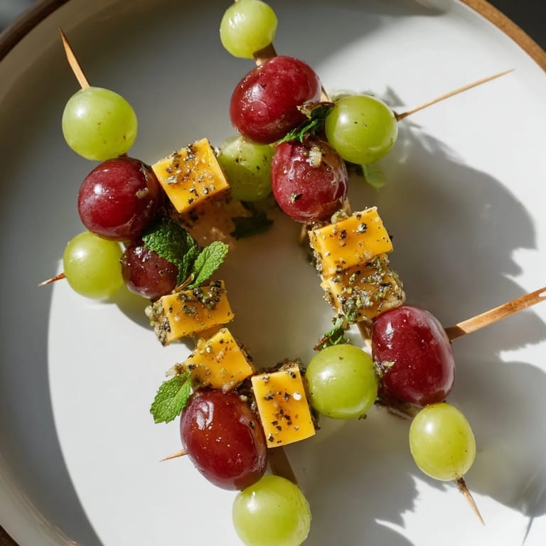 Up close, these Sparkling Grape and Cheese Skewers show juicy red grapes with a cheese cube, ready to eat.