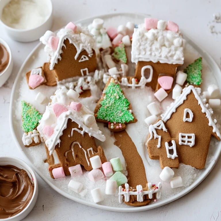 Detailed shot of a beautifully arranged gingerbread village with gingerbread cookies and various sweet treats.