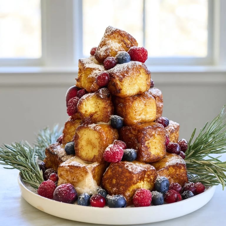 Sweet, cinnamon-spiced Eggnog French Toast Bites artfully arranged to create a festive holiday tree.