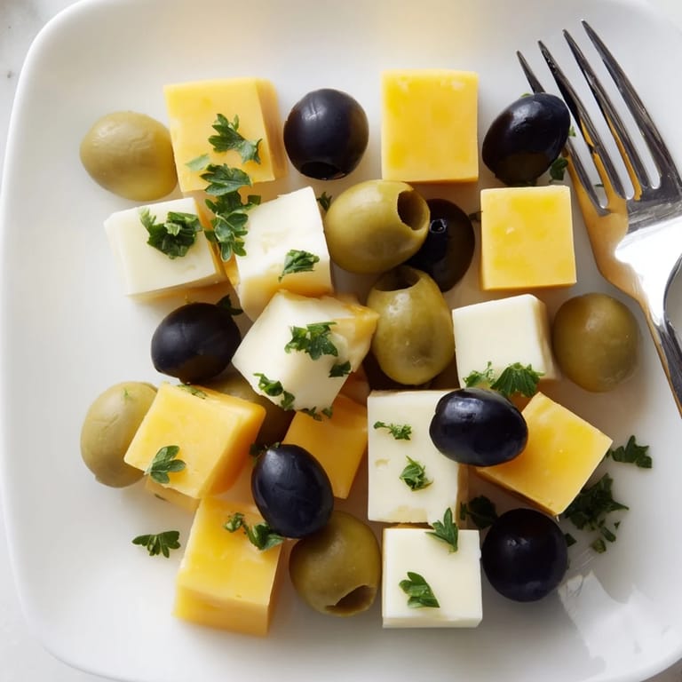See a beautifully crafted Cheese and Olive Chess Board with fresh parsley as a garnish.