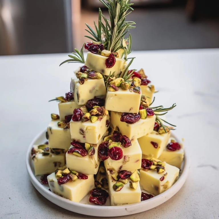 Festive Cranberry White Cheddar Tree: Cubed cheddar, studded with cranberries and pistachio nuts, ready to serve.