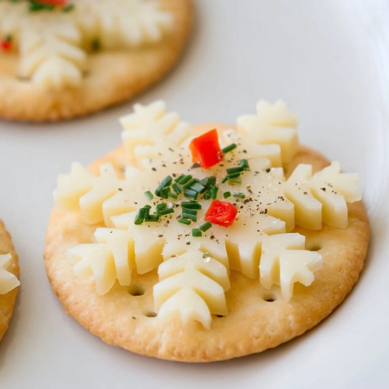 Close-up of elegant Savory Bites Cracker and Cheese Snowflake Design, adorned with fresh herbs.
