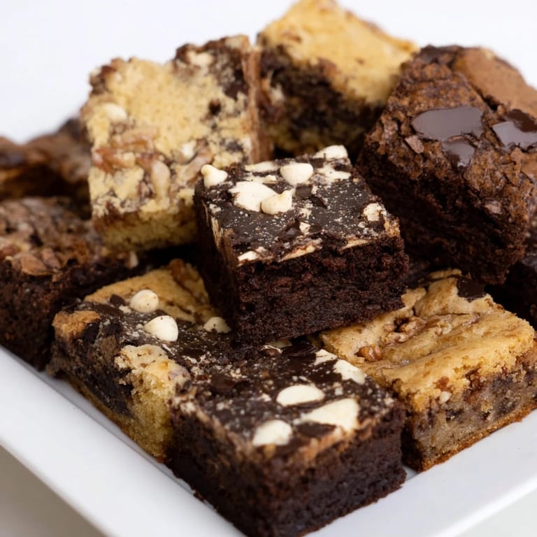 Delicious homemade brownie and blondie squares are arranged on a serving platter for dessert.