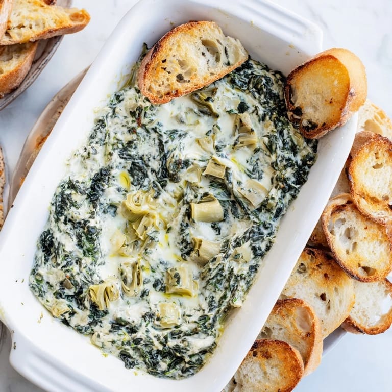 A close-up of Spinach Artichoke Dip, rich and cheesy, perfect for a cozy appetizer.