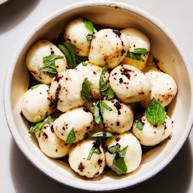 A close-up of mozzarella pearls, glistening with olive oil, ready to be enjoyed as a quick appetizer.