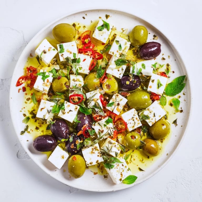 Appetizing Holiday Mix: Mixed Olives with Feta Cubes, a delightful Mediterranean appetizer with fresh herbs.