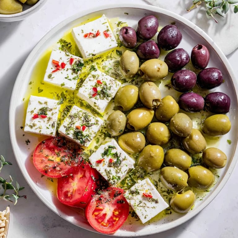 A close-up view of the savory Holiday Mix: Mixed Olives with Feta Cubes, perfect for sharing.