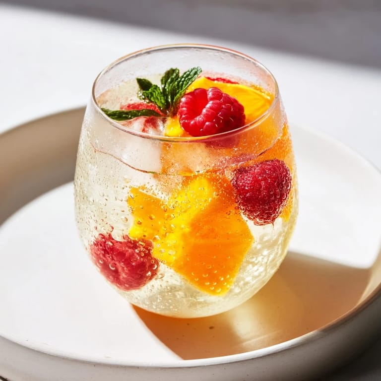 See the festive fizz of Sparkling Juice with Raspberries garnished with mint, perfect for a celebration.