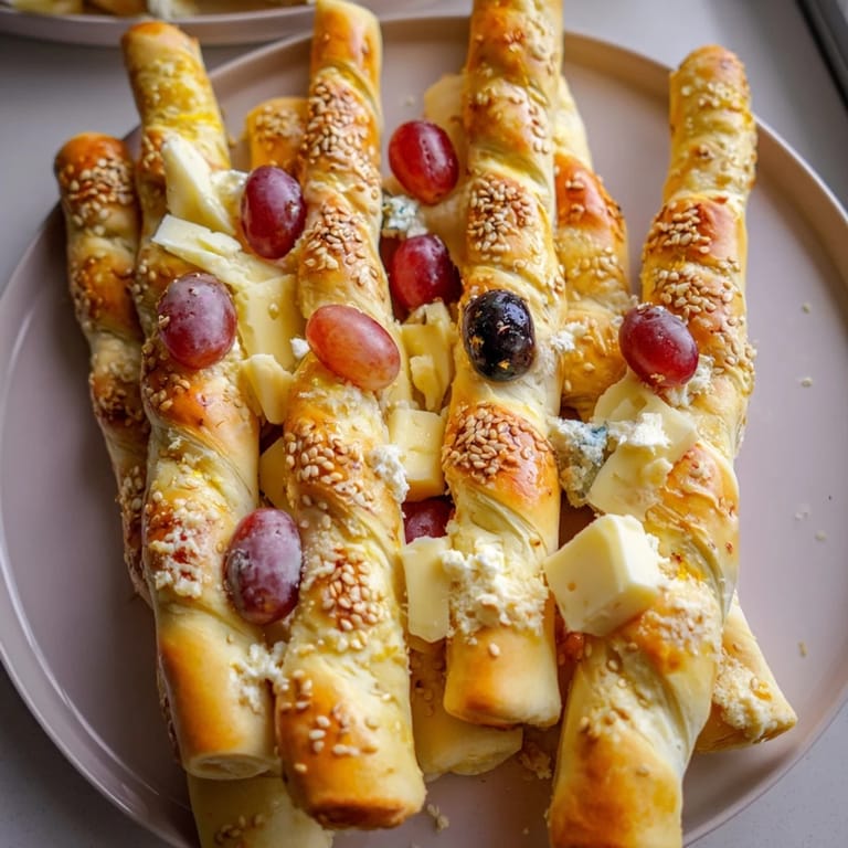 Elegant The Gilded Cage: Homemade breadsticks form a beautiful, golden crust around flavorful cheeses on a platter.