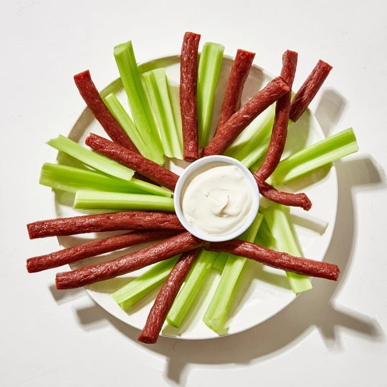 Crisp celery and meat stick spokes comprise this appealing Rustic Wheel platter, perfect for sharing.