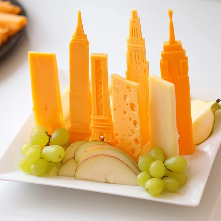 Enjoy a colorful Skyline Silhouette cheese board with diverse cheeses, grapes, and apple slices for a party.