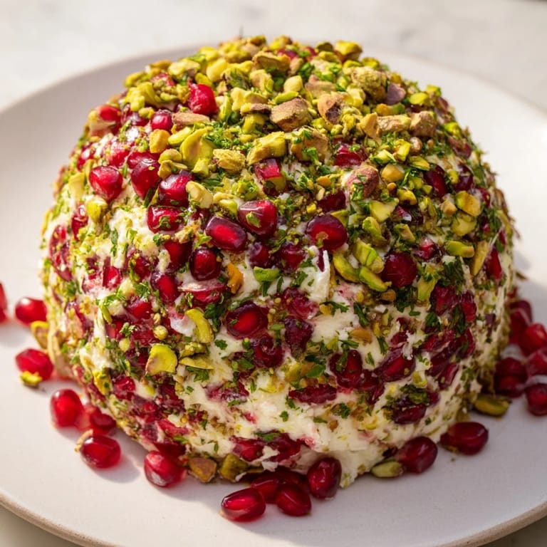 Elegant The Royal Orb appetizer, a festive cheese ball boasting bright pomegranate and pistachio coating.