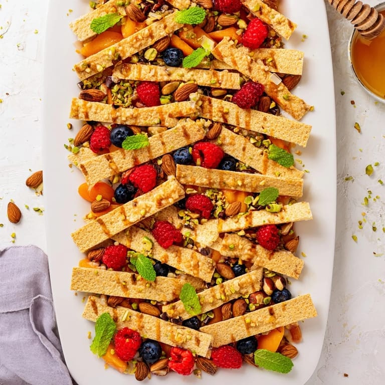 Delicious "Picket Fence" appetizer, a visually striking board of crackers, nuts, and juicy fresh berries.