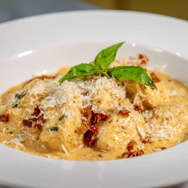 A close-up of plated Marry Me Chicken, showing the creamy sauce and the Parmesan "snow" garnish.