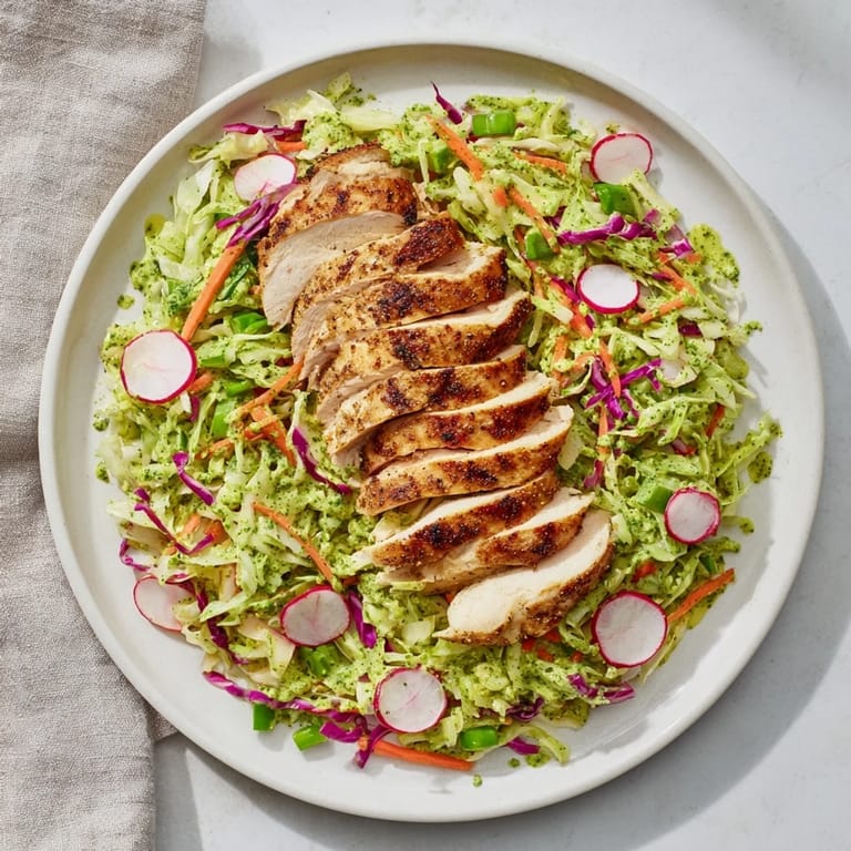 This Green Goddess Cabbage Slaw with Grilled Chicken features vibrant green dressing and tender grilled chicken.