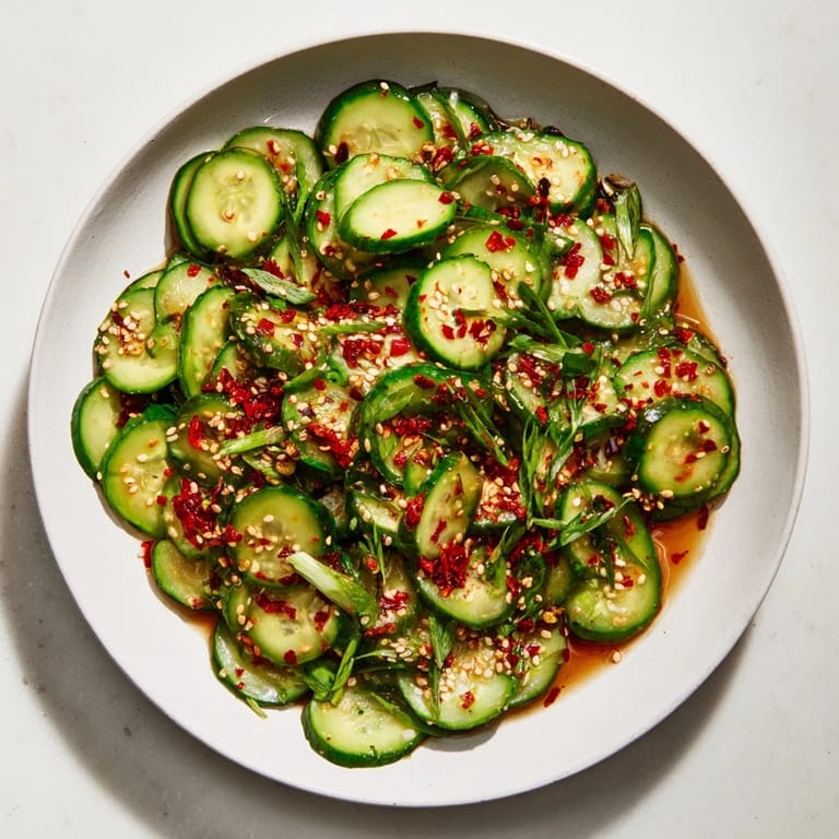 A close-up shot of a brightly colored Cucumber Shaker Salad, perfect for a quick vegan side.