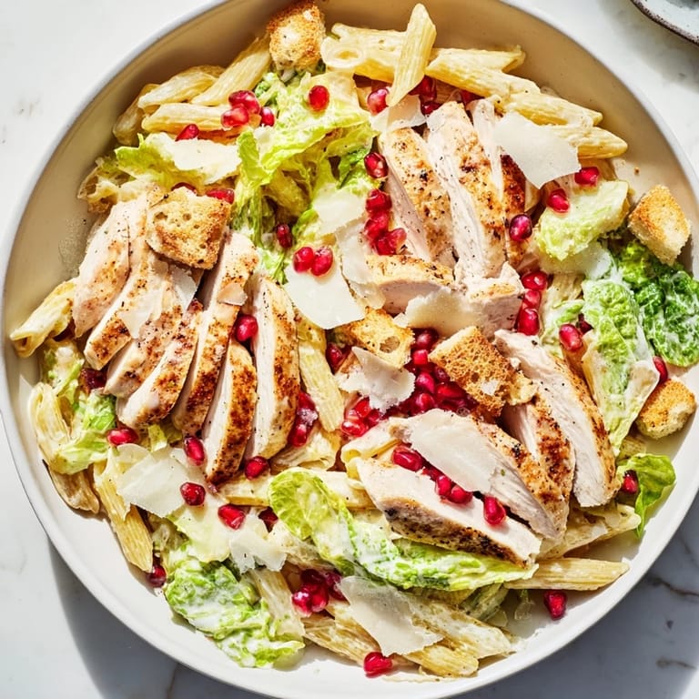 A close-up shot of Chicken Caesar Pasta with pomegranate, showcasing a colorful, flavorful meal ready to eat.