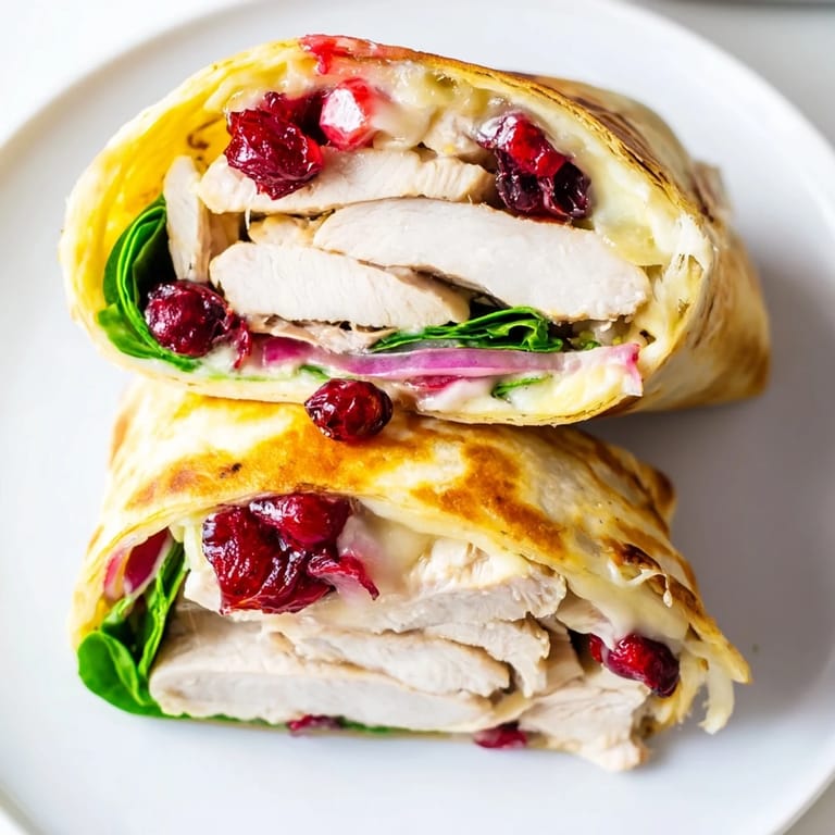 Golden-brown Chicken and Brie Holiday Wrap, perfect for a cozy holiday lunch, with a burst of cranberry.