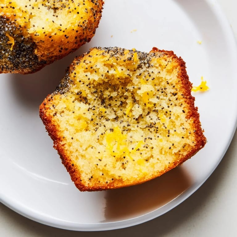 Freshly baked lemon poppy seed muffins with visible poppy seeds, ready to be enjoyed with coffee.