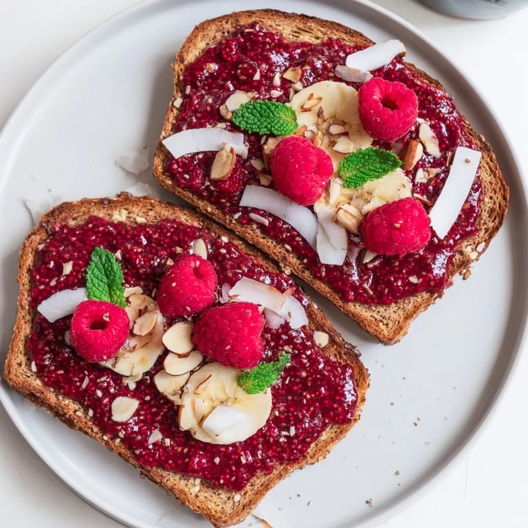 Homemade, glistening raspberry chia jam spooned onto toasted bread, ready to savor for a quick treat.
