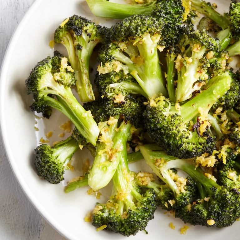Golden-brown Lemon Garlic Roasted Broccoli offers a delightful aroma of garlic, soon to be drizzled with lemon.