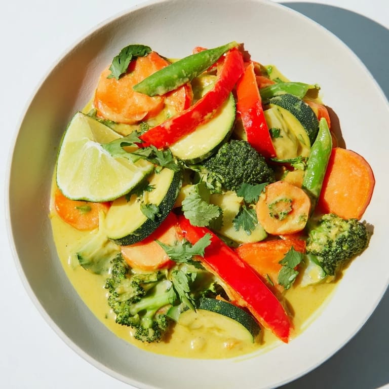 Savory Coconut Curry Vegetables, a vegan delight, ready to serve with lime wedges and fluffy rice.