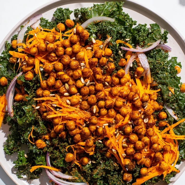 Perfectly roasted chickpeas top a fresh kale salad, a healthy and delicious light lunch option.