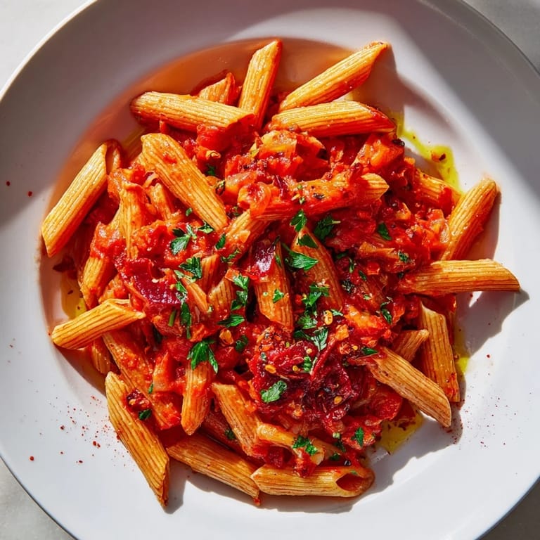 Tender penne pasta in a rich, fiery Penne all'Arrabbiata sauce, garnished with fresh parsley.