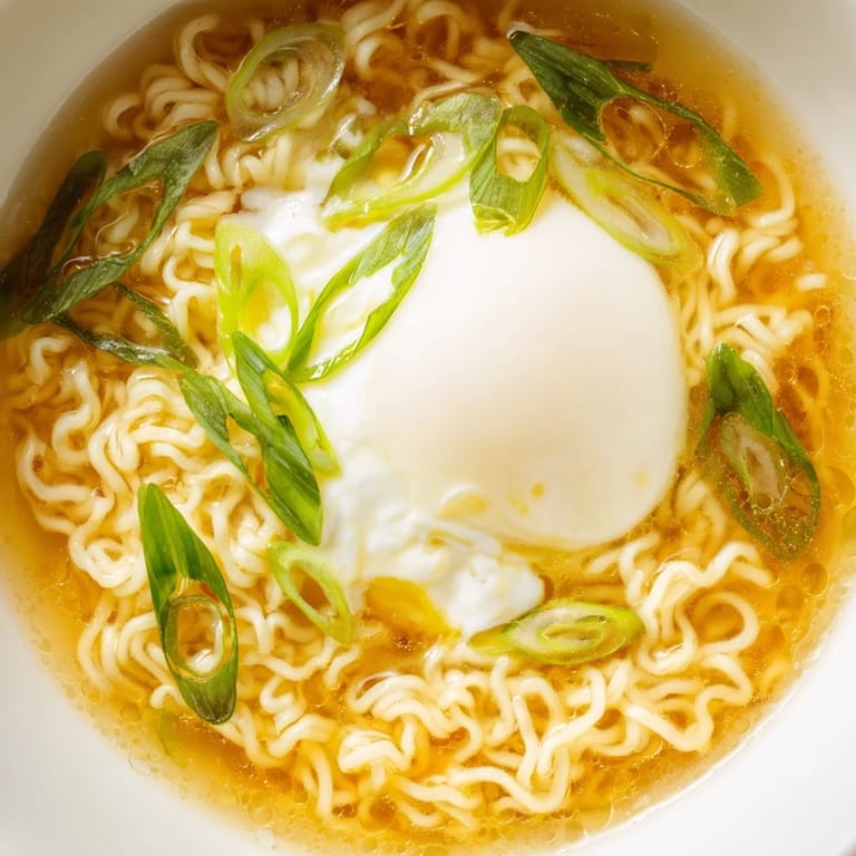 Close-up of savory instant ramen upgraded with a runny yolk and vibrant scallions.