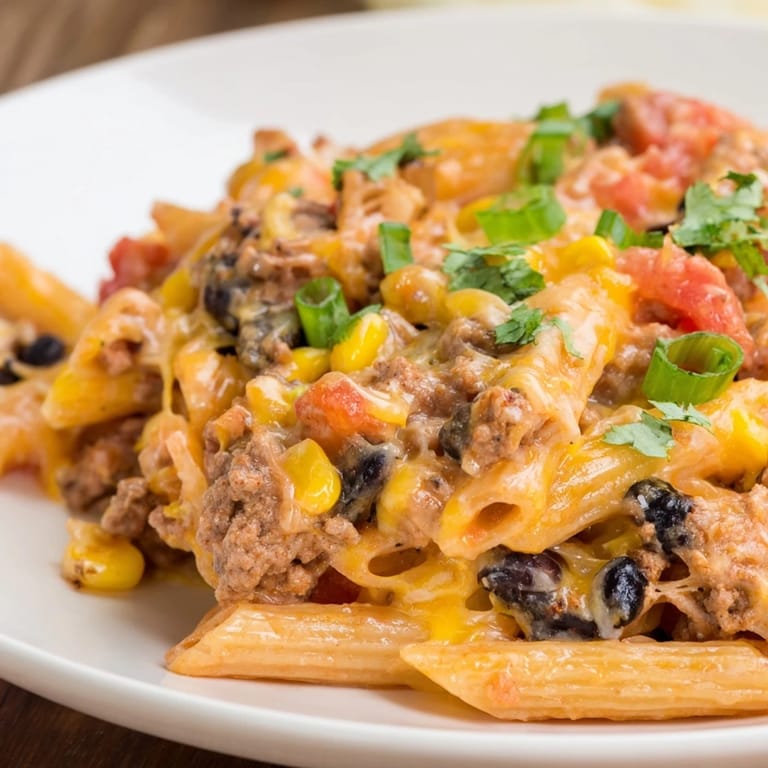 Enjoy a comforting Tex-Mex meal: a pot of cheesy taco pasta, ready for a delicious dinner.