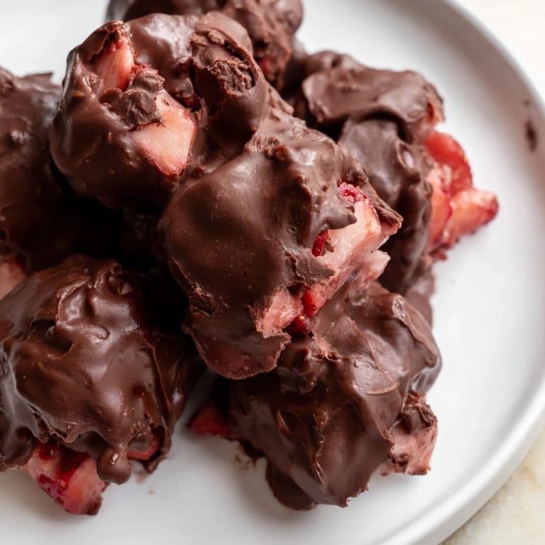 Close-up of decadent Strawberry Yogurt Clusters, featuring fresh strawberries and a creamy yogurt base.