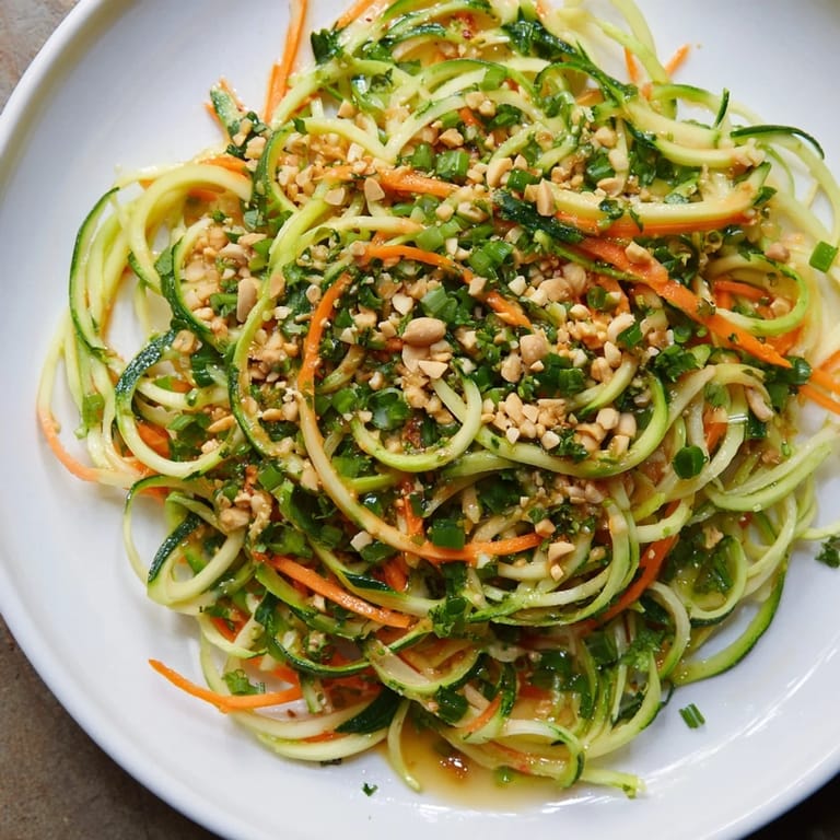 Freshly made Spicy Cucumber Noodle Bowl, featuring spiralized cucumbers lightly coated in flavorful sauce.