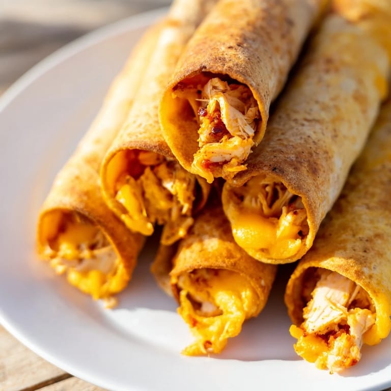 Homemade air fryer taquitos, filled with flavorful shredded chicken, perfectly air-fried for a satisfying crunch.