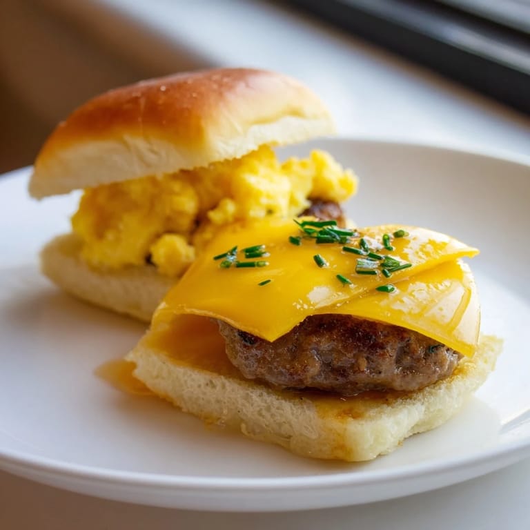 Melted cheese spills over the edges of these delicious Mini Breakfast Sliders, perfect for a brunch spread.