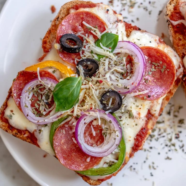 Upgraded TikTok Pizza Toast 2.0 features layers of melted cheese atop toasted sourdough ready to eat.