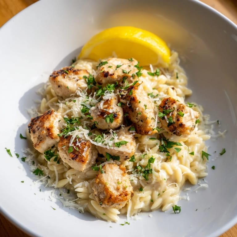 Garnished with parsley and lemon slices, this satisfying Creamy Lemon Chicken Orzo is perfect for dinner.